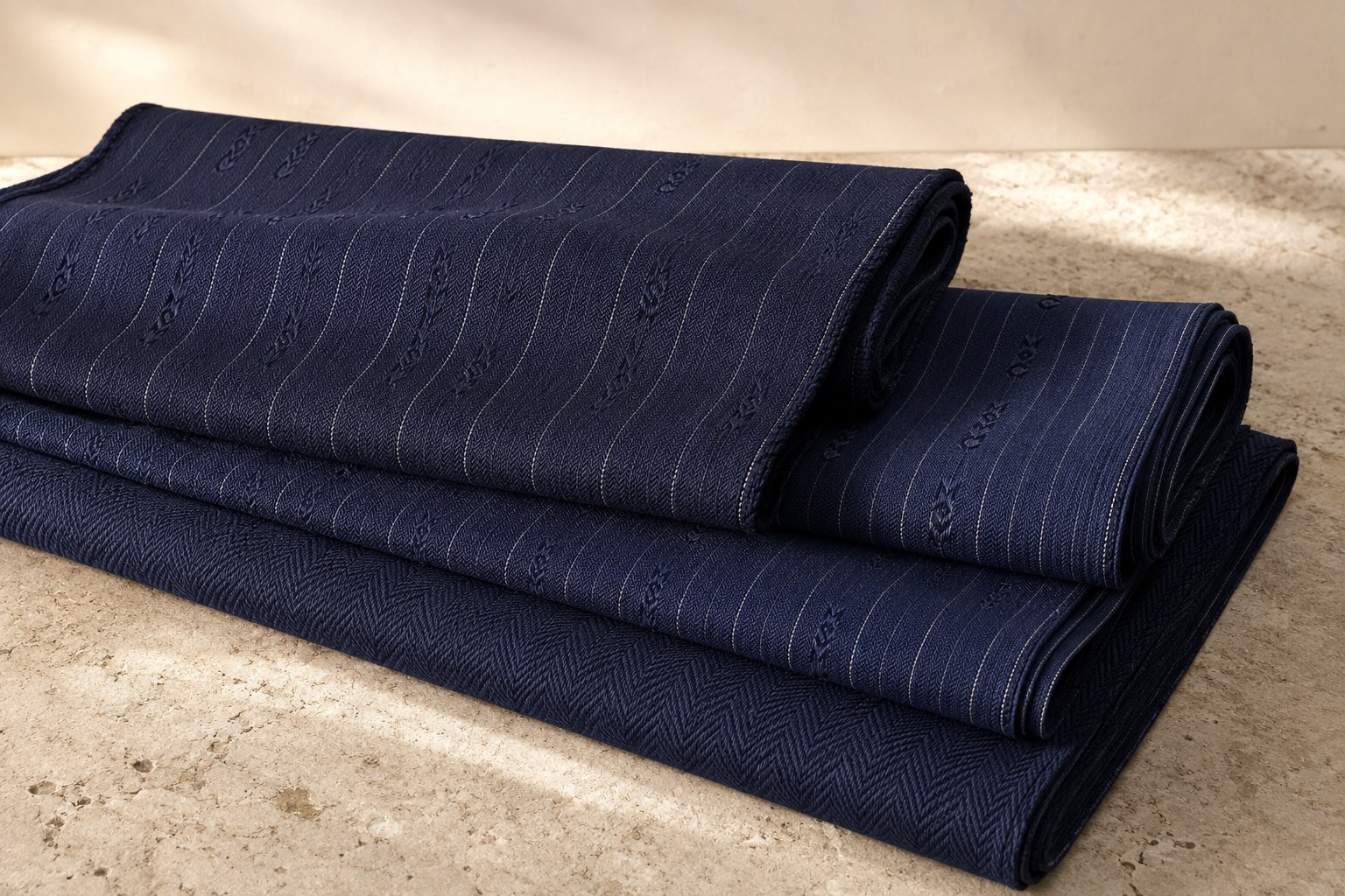 Folded Neilane navy uniform fabrics showing custom pinstripe and woven identity details