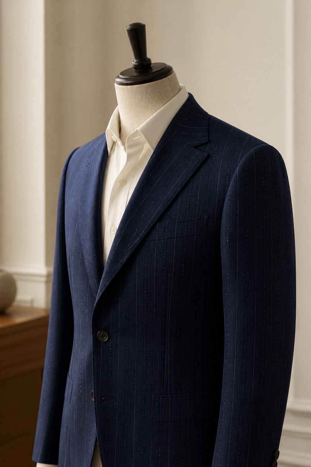Tailored navy institutional blazer made in a subtle custom-woven pinstripe fabric