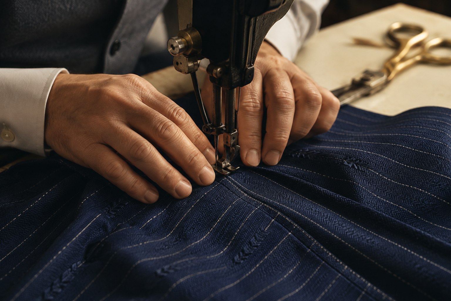 Tailor guiding navy woven pinstripe fabric beneath a sewing machine